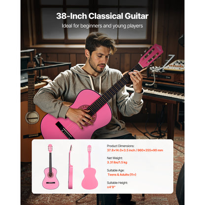 VEVOR Classical Guitar 38 in Guitar Beginner Starter Kit Nylon Strings Black/Natural Color/Blue/Pink/Sunrise Color