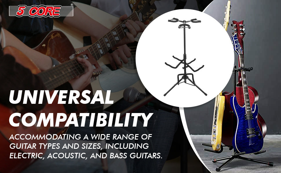 5 Core Guitar Stand Adjustable Triple Guitars Stands Floor w Neck Holder Universal Supports for Acoustic Electric Classic Bass Instrument Folding Portable Black - GSH 3N1