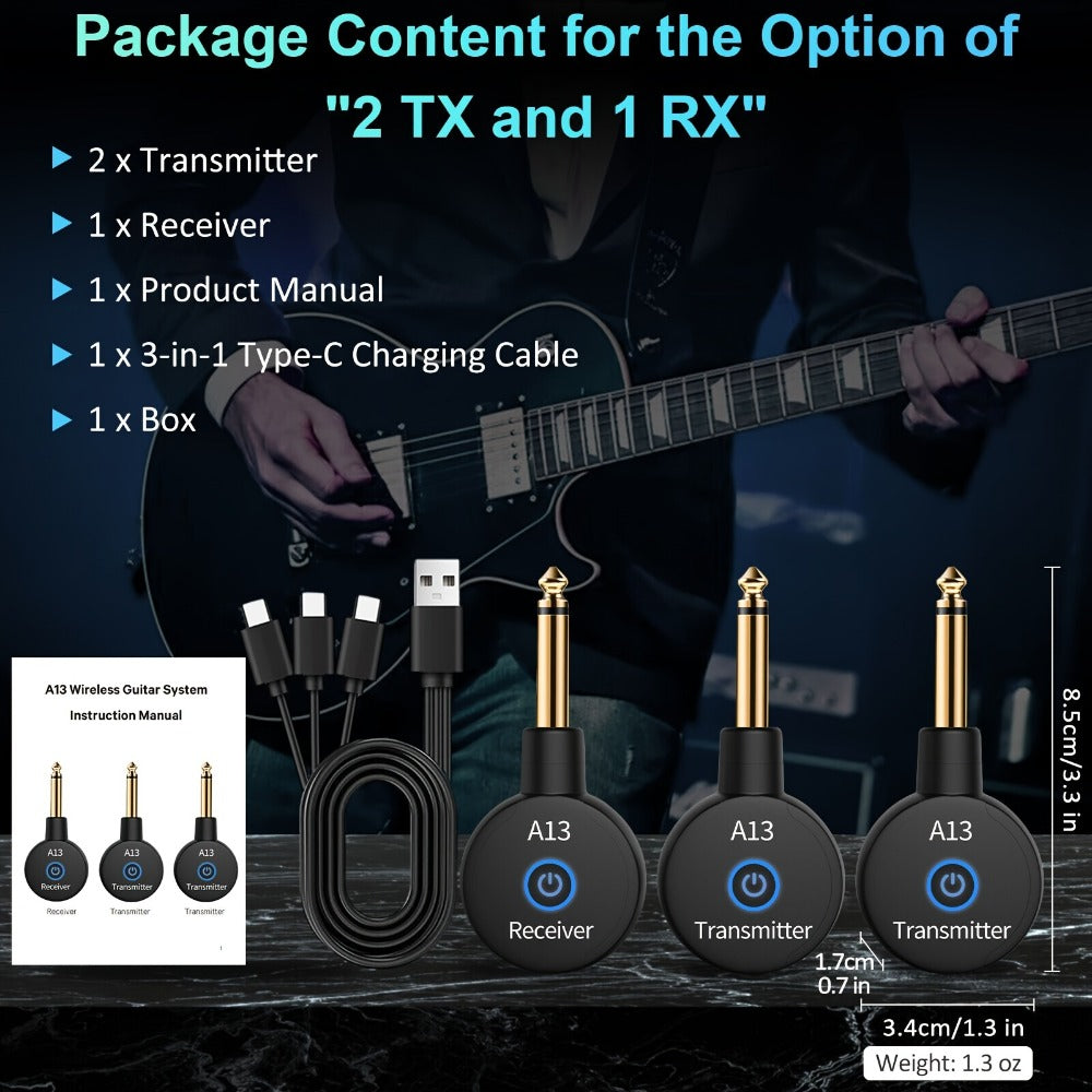 Wireless Guitar System 2.4GHz Wireless Guitar Transmitter Receiver Rechargeable Audio Wireless Transmitter 2 Modes, Rechargeable Li-Battery, 100ft Range, 10H, Plug & Play for Electric Guitar, Bass, Violin, Keyboard detail image - detail vie