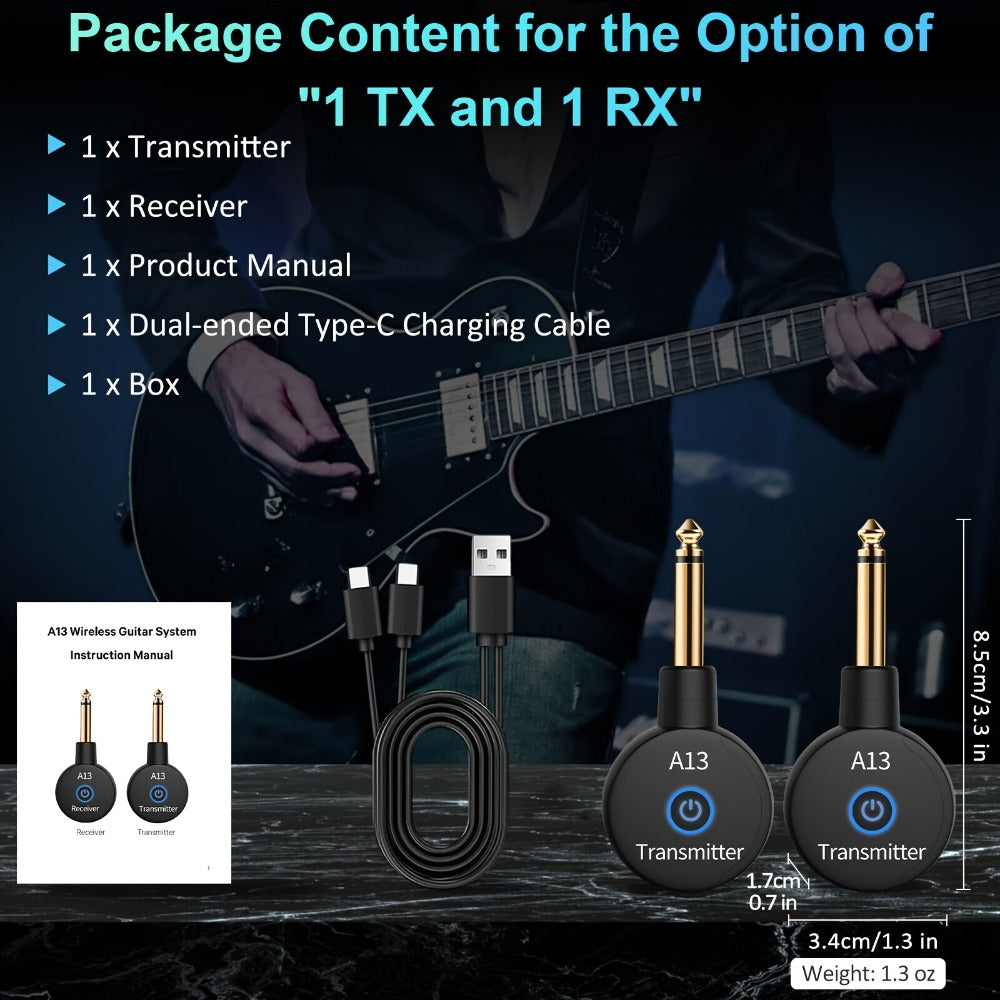 Wireless Guitar System 2.4GHz Wireless Guitar Transmitter Receiver Rechargeable Audio Wireless Transmitter 2 Modes, Rechargeable Li-Battery, 100ft Range, 10H, Plug & Play for Electric Guitar, Bass, Violin, Keyboard detail image - detail vie