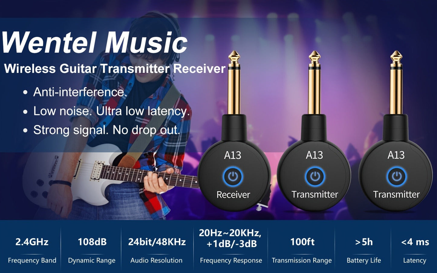 Wireless Guitar System 2.4GHz Wireless Guitar Transmitter Receiver Rechargeable Audio Wireless Transmitter 2 Modes, Rechargeable Li-Battery, 100ft Range, 10H, Plug & Play for Electric Guitar, Bass, Violin, Keyboard detail image - detail vie