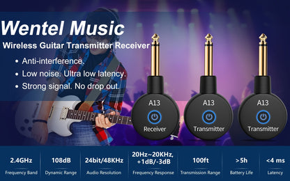 Wireless Guitar System 2.4GHz Wireless Guitar Transmitter Receiver Rechargeable Audio Wireless Transmitter 2 Modes, Rechargeable Li-Battery, 100ft Range, 10H, Plug & Play for Electric Guitar, Bass, Violin, Keyboard detail image - detail vie