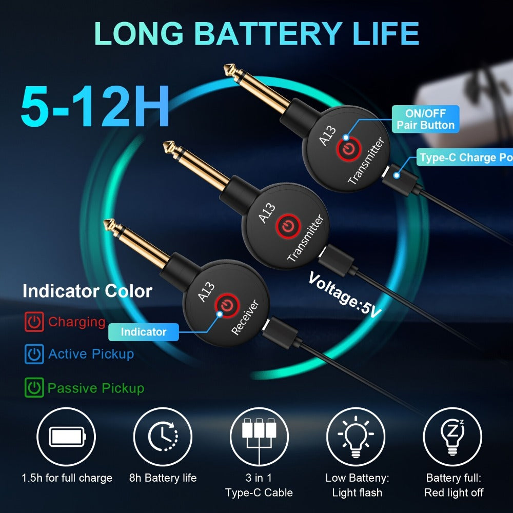 Wireless Guitar System 2.4GHz Wireless Guitar Transmitter Receiver Rechargeable Audio Wireless Transmitter 2 Modes, Rechargeable Li-Battery, 100ft Range, 10H, Plug & Play for Electric Guitar, Bass, Violin, Keyboard detail image - detail vie