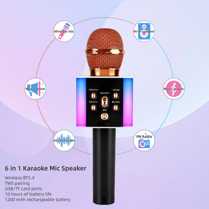 6-in-1 Wireless Karaoke Microphone Speaker with LED Lights and TWS shown in the Rose Golden option