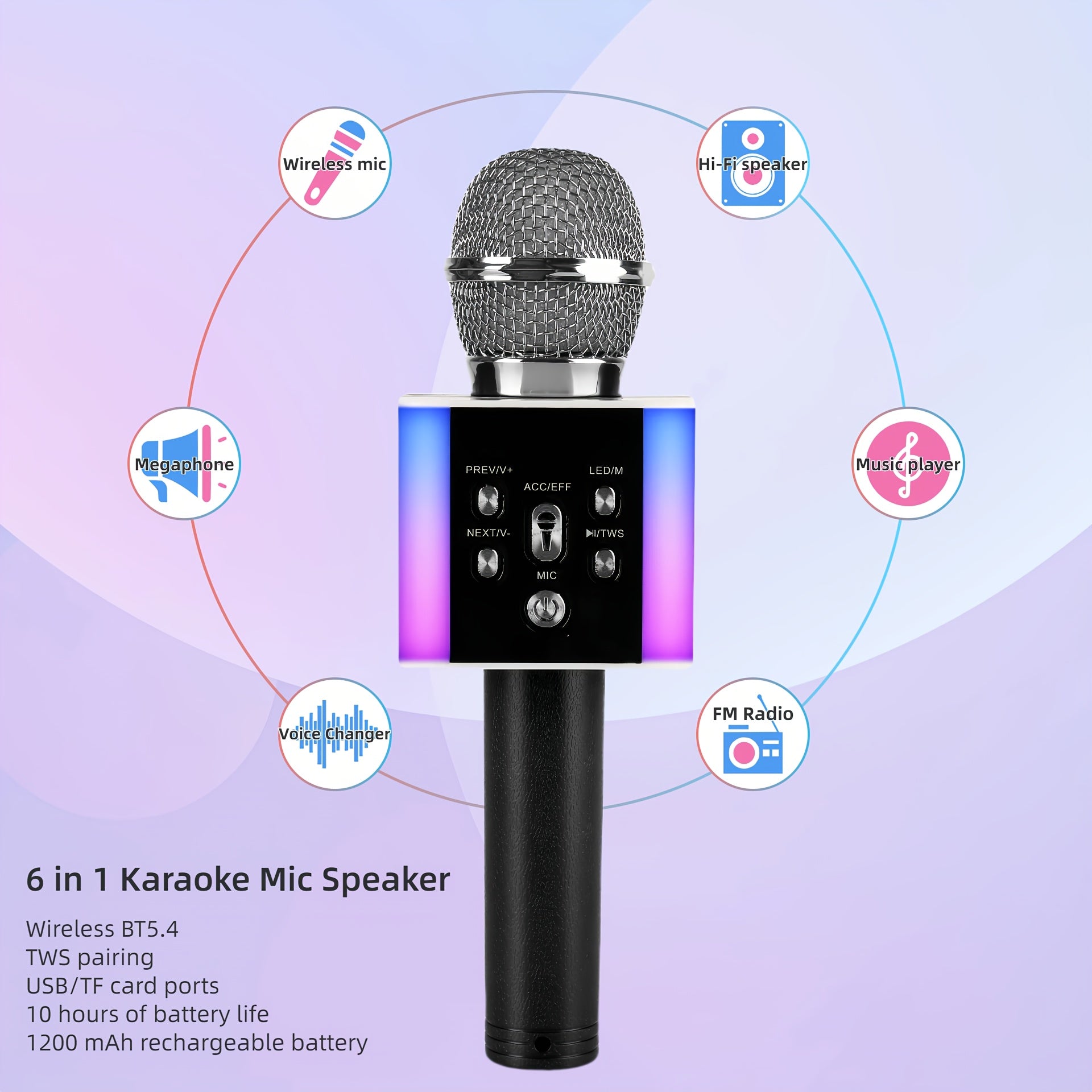 6-in-1 Wireless Karaoke Microphone Speaker with LED Lights and TWS shown in the Silvery option