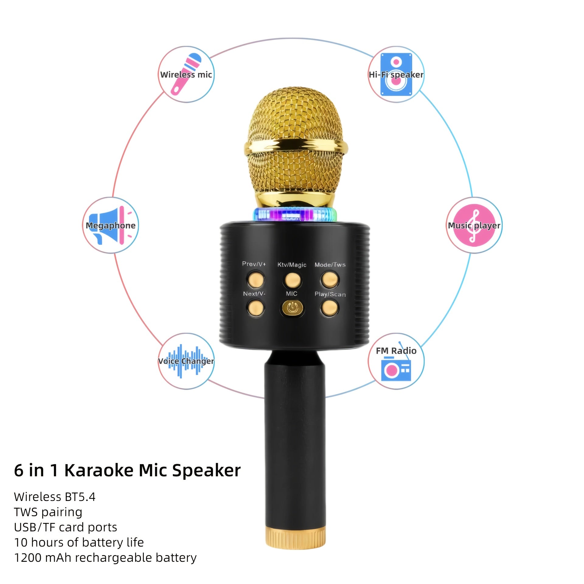 6-in-1 Wireless Karaoke Microphone Speaker with LED Lights and TWS shown in the Upgrade-Yellow option